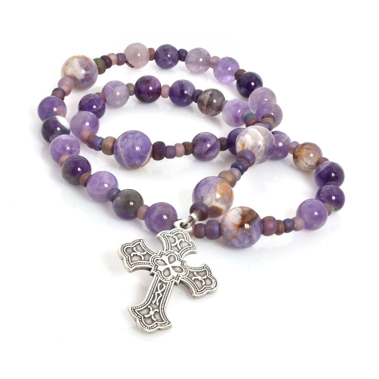 Prayer Beads Dogtooth Amethyst Beads with Fleuri Cross
