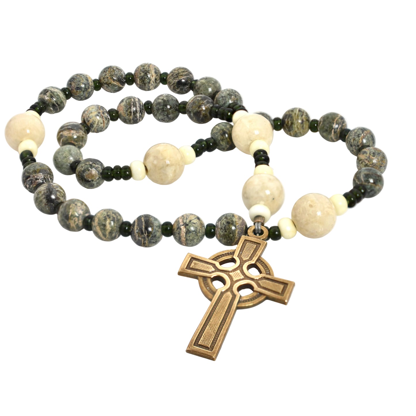 Prayer Beads Zebra Jasper/River Stone Beads with Celtic Cross