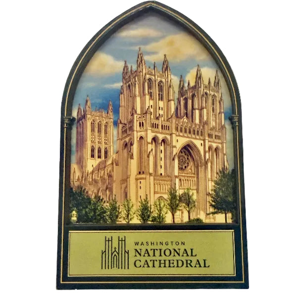 Decorative plaque of Washington National Cathedral with an arch-shaped border.