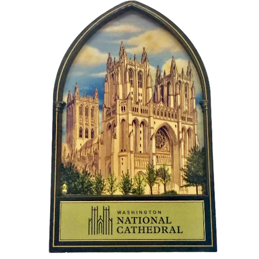 Decorative plaque of Washington National Cathedral with an arch-shaped border.