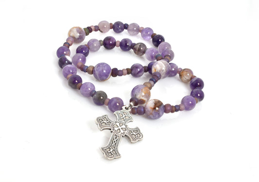 PRAYER BEADS DOGTOOTH AMETHYST BEADS WITH FLEURI CROSS