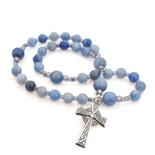 PRAYER BEADS BLUE AVENTURINE BEADS WITH CELTIC CROSS