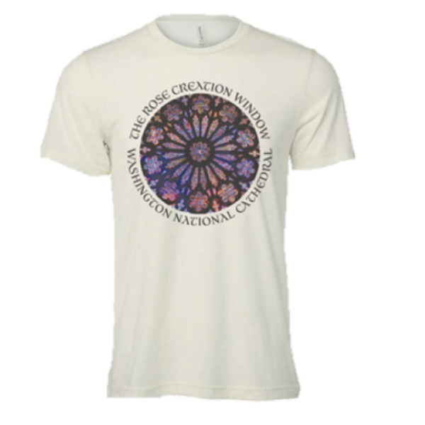 White t-shirt with a rose window design and text on a white background
