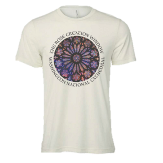 White t-shirt with a rose window design and text on a white background