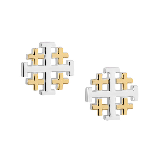 STERLING SILVER AND GOLD JERUSALEM CROSS STUD EARRINGS