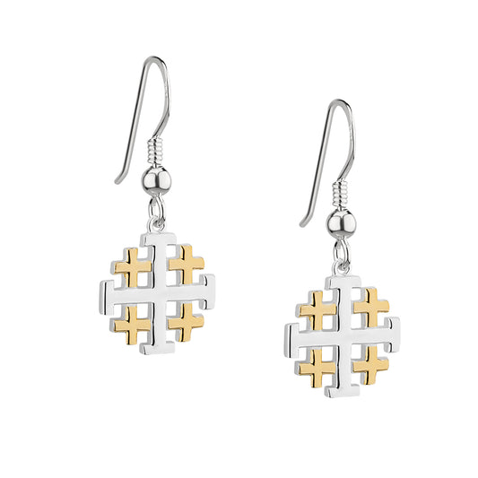 STERLING SILVER AND GOLD JERUSALEM CROSS DROP EARRINGS