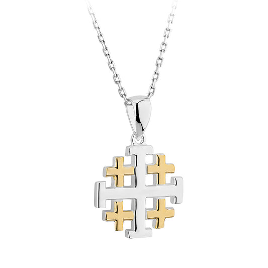 STERLING SILVER GOLD JERUSALEM CROSS PENDANT NECKLACE