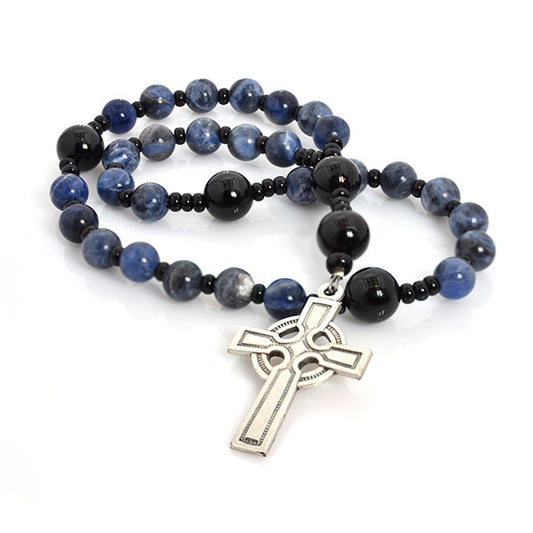 PRAYER BEADS SODALITE/ONYX BEADS WITH CELTIC CROSS