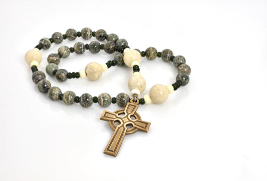 PRAYER BEADS ZEBRA JASPER/RIVER STONE BEADS WITH CELTIC CROSS